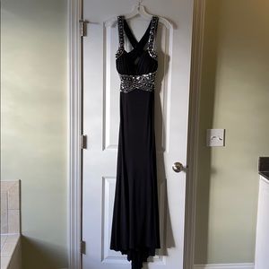 Black formal dress with sequin detail, sweep train